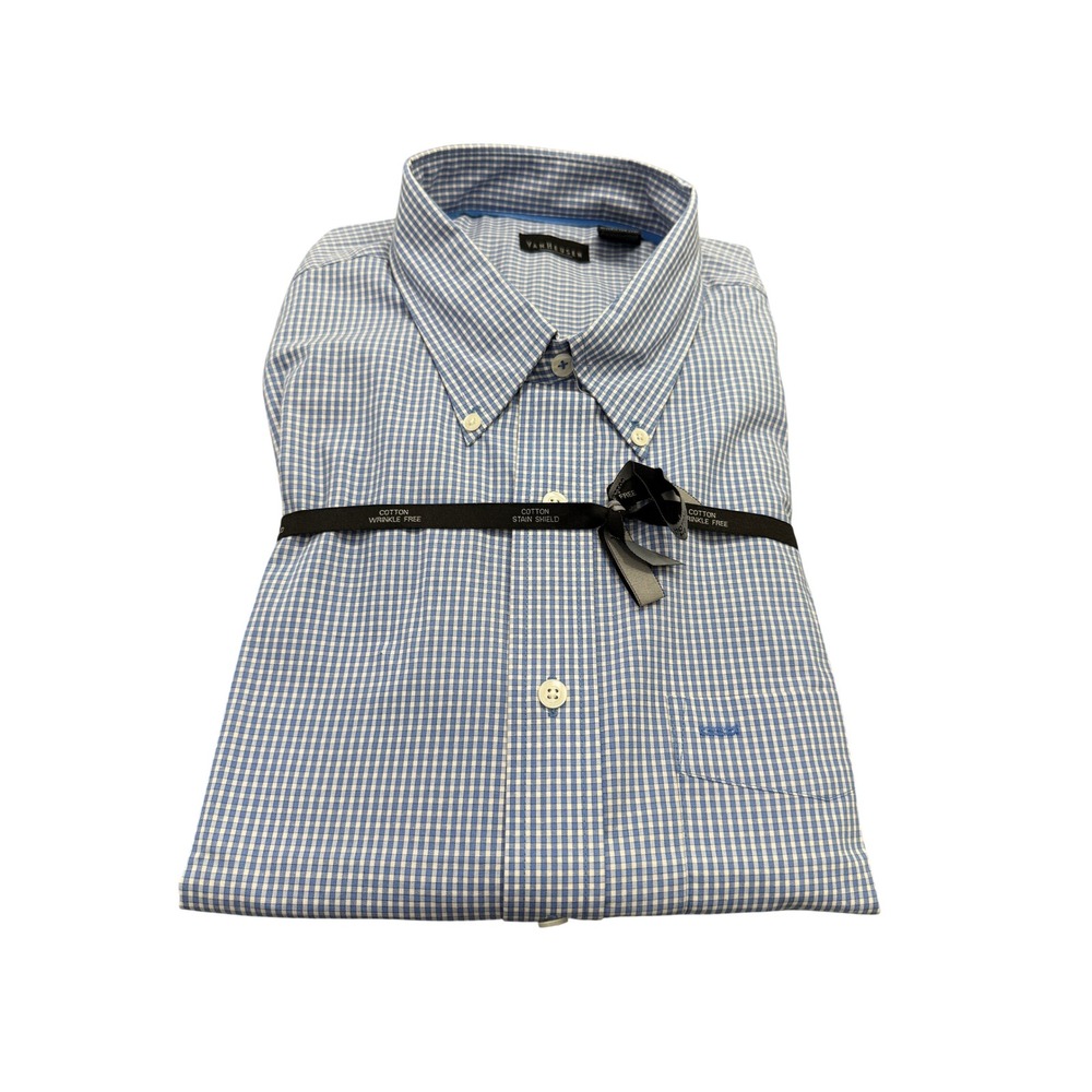 Van Heusen Dress Shirt Mens XL 17-17.5 Blue Gingham Plaid Cotton Wrinkle Free